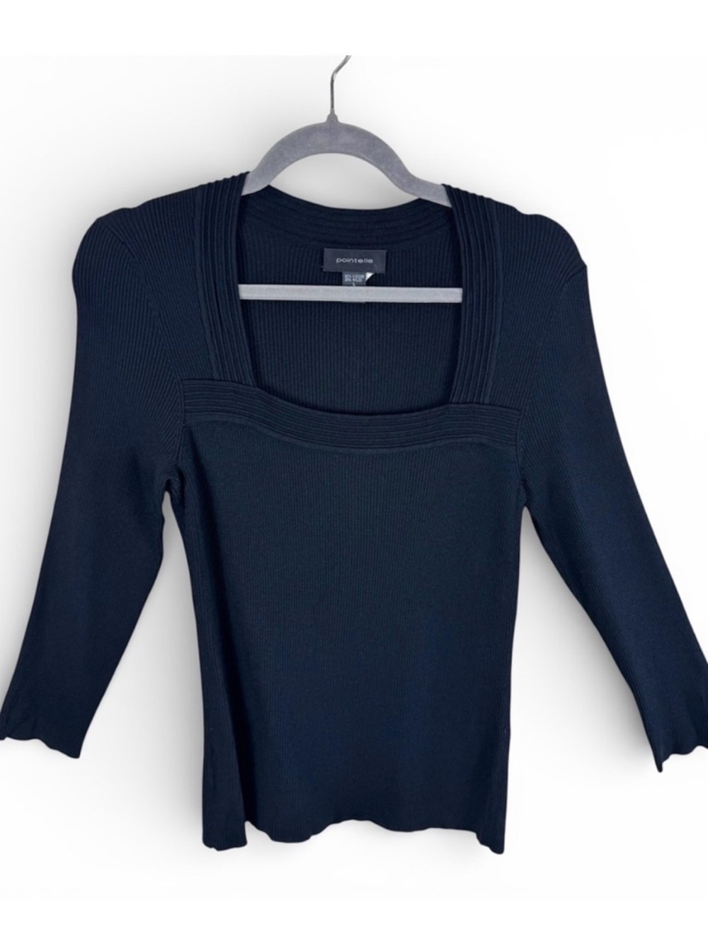 Pointelle‎ Black Ribbed Knit Square Neck Top 3/4 Sleeve Sweater Size Large